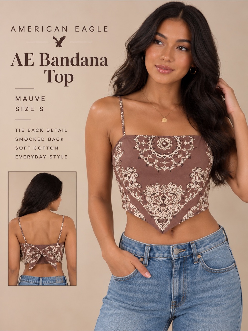 American Eagle AE Bandana Top Mauve Paisley Tie Back Size S